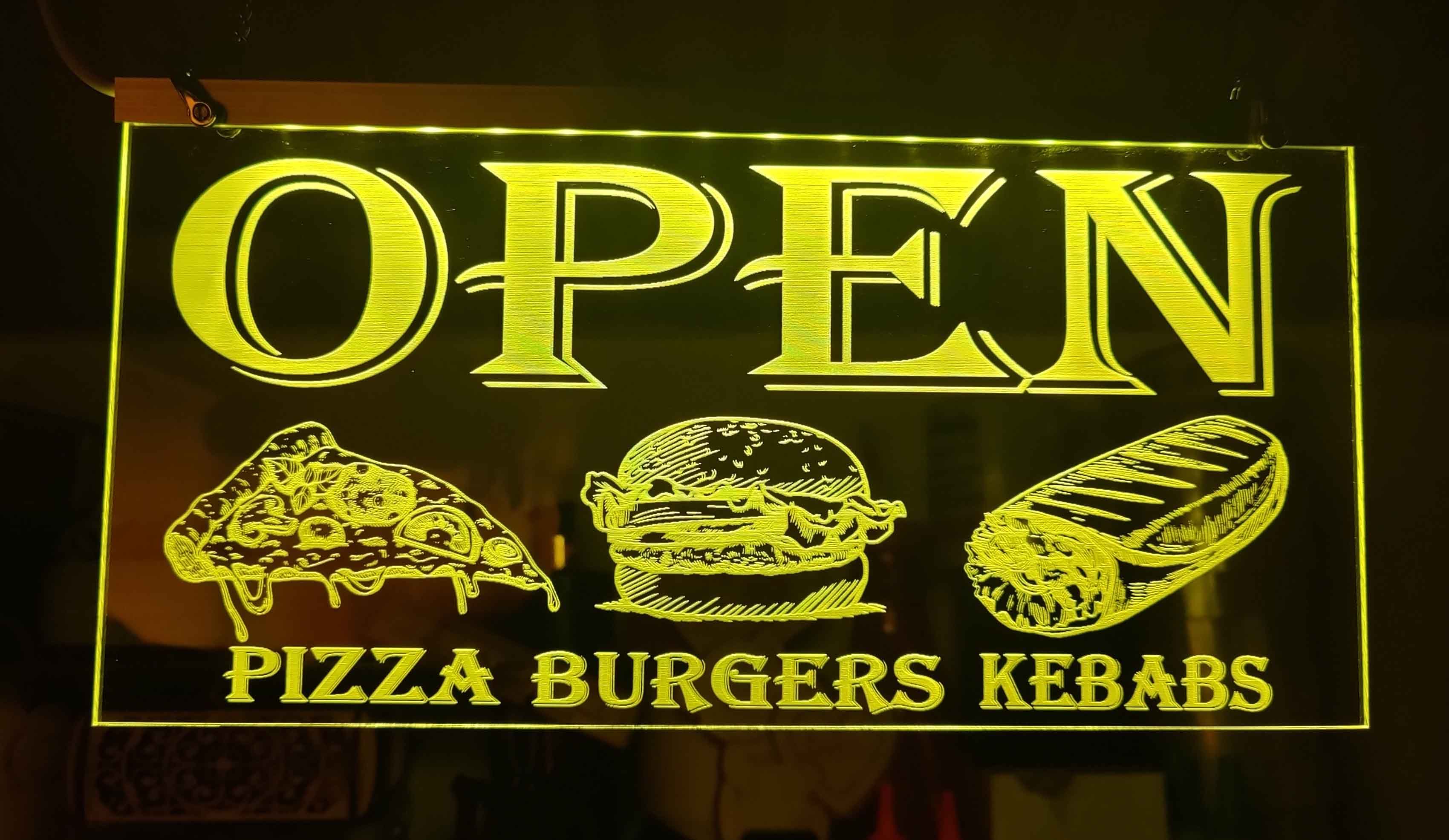 open led sign with pizza burgers and kebabs engraved